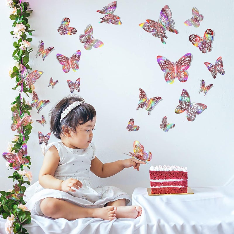 DELEMI 60 Pcs 3D Butterfly Wall Decor Stickers Iridescent Rose Gold Decorations Party, Holographic Butterflies Decor Butterfly Decals for Bedroom Classroom Wedding Decor DIY Gift - Image 3
